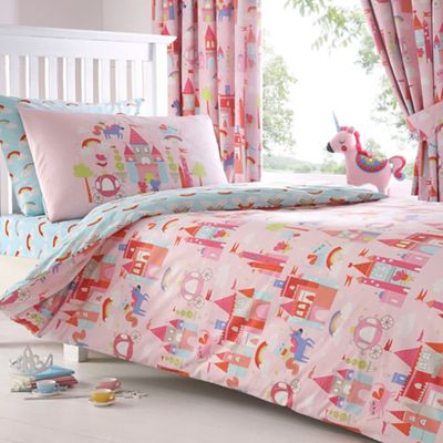Kids' pink 'Castle and Unicorns' duvet cover and pillow case set